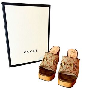 Gucci Beige Ruggine/Maroon Gg Monogram Slides Size 36.5 (US 6.5) Platform Heels